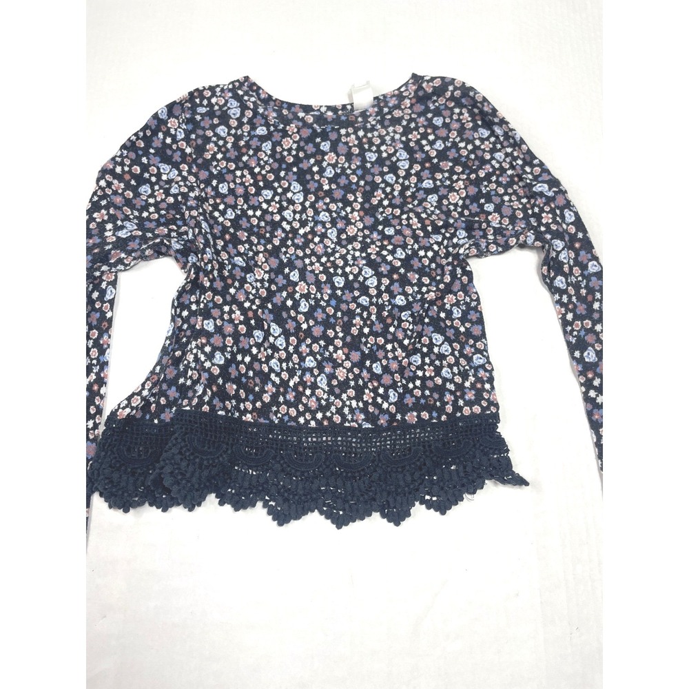 Bongo Womens Floral‎ Long Sleeve Top Crochet Lace Trim Hem Blue Pink Size Medium